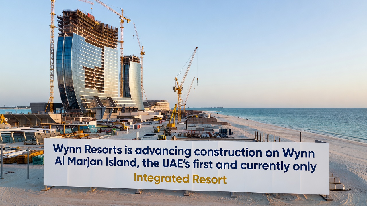 Construction cranes and workers at the Wynn Al Marjan Island site with the hotel tower structure rising against the Ras Al Khaimah skyline